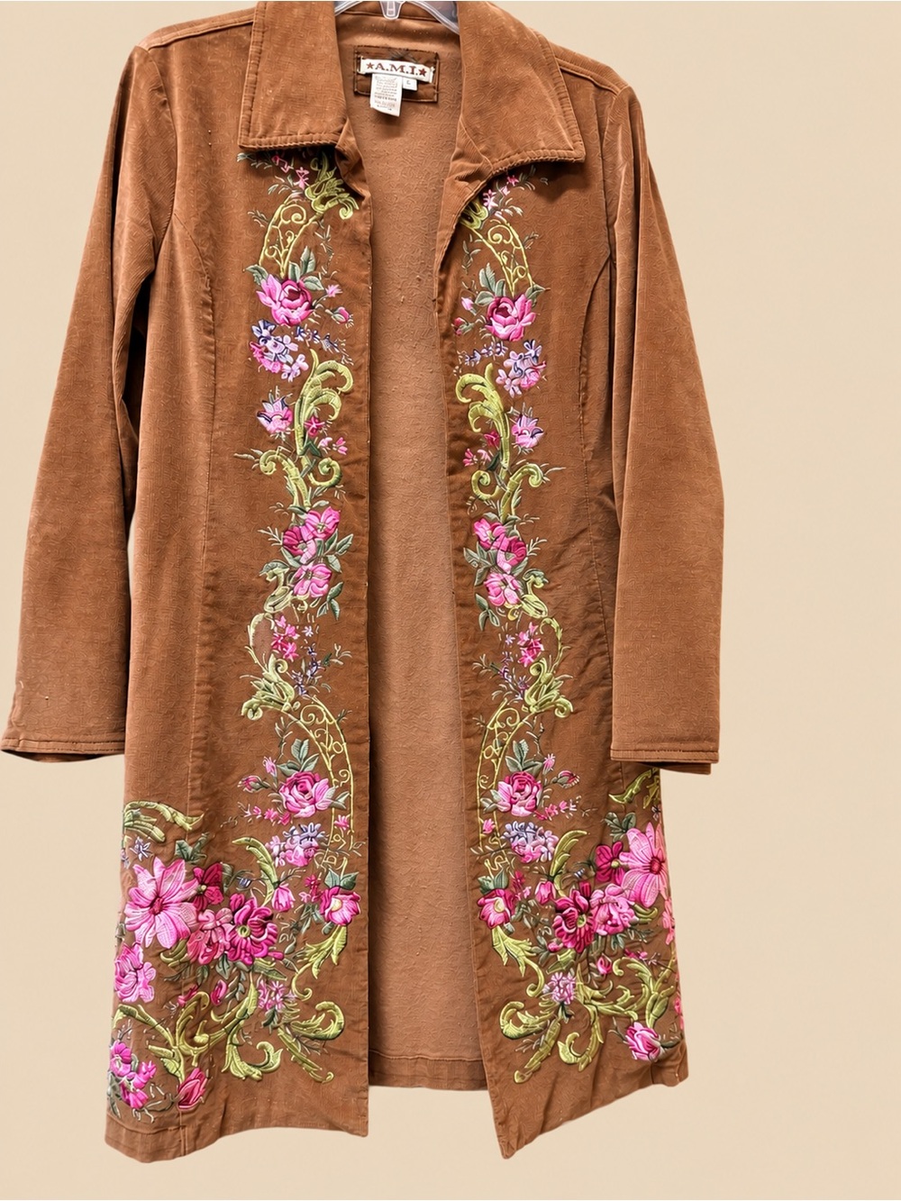 Ami Brown Trench Coat with Pink & Green Floral Embroidery